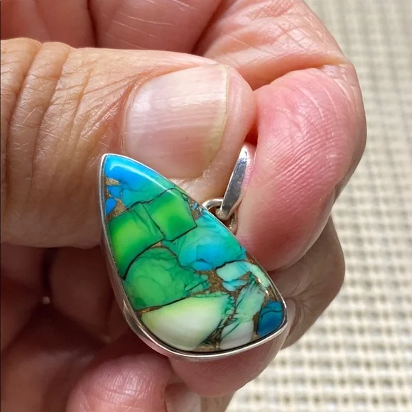 PEACOCK DAHLIA TURQUOISE PENDANT In Solid Sterling Silver 925 - Picture 4 of 7